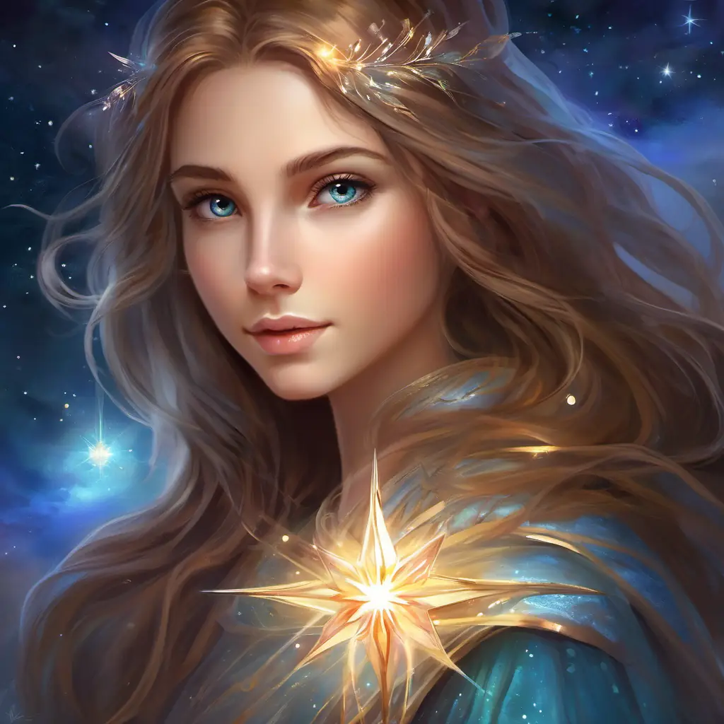 Girl with light brown hair, curious sparkling eyes, imaginative dreamer focuses on a bright star she calls 'Guiding Star.'