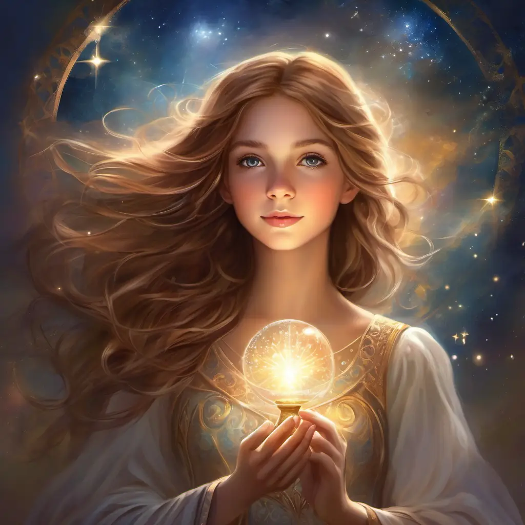 Girl with light brown hair, curious sparkling eyes, imaginative dreamer makes a wish to the star and hears a mysterious echo.