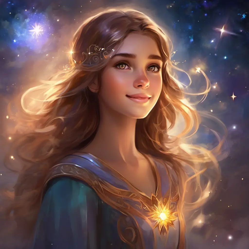 Introduction of New student interested in stars, warm smile, kind brown eyes during a class project, Girl with light brown hair, curious sparkling eyes, imaginative dreamer notices him.