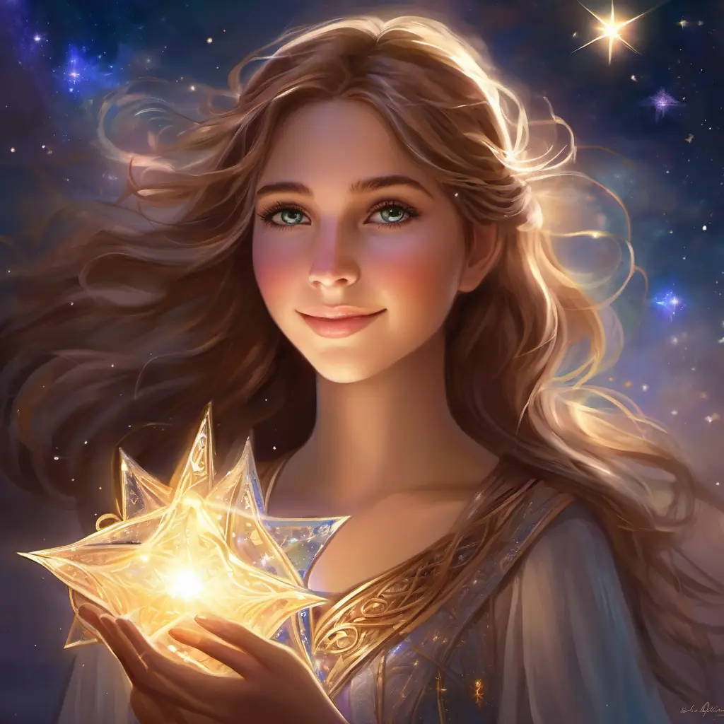 Girl with light brown hair, curious sparkling eyes, imaginative dreamer connects with New student interested in stars, warm smile, kind brown eyes over star stories, enjoying laughter together.