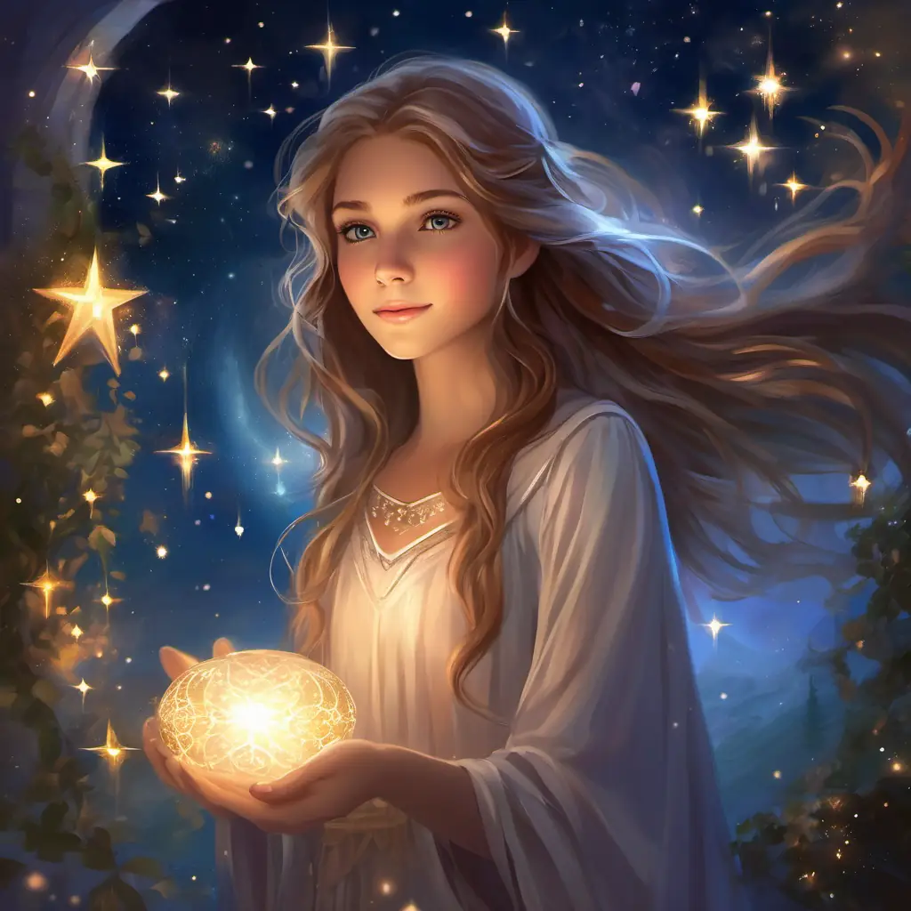 Girl with light brown hair, curious sparkling eyes, imaginative dreamer reflects on her day and New student interested in stars, warm smile, kind brown eyes under the early evening star.