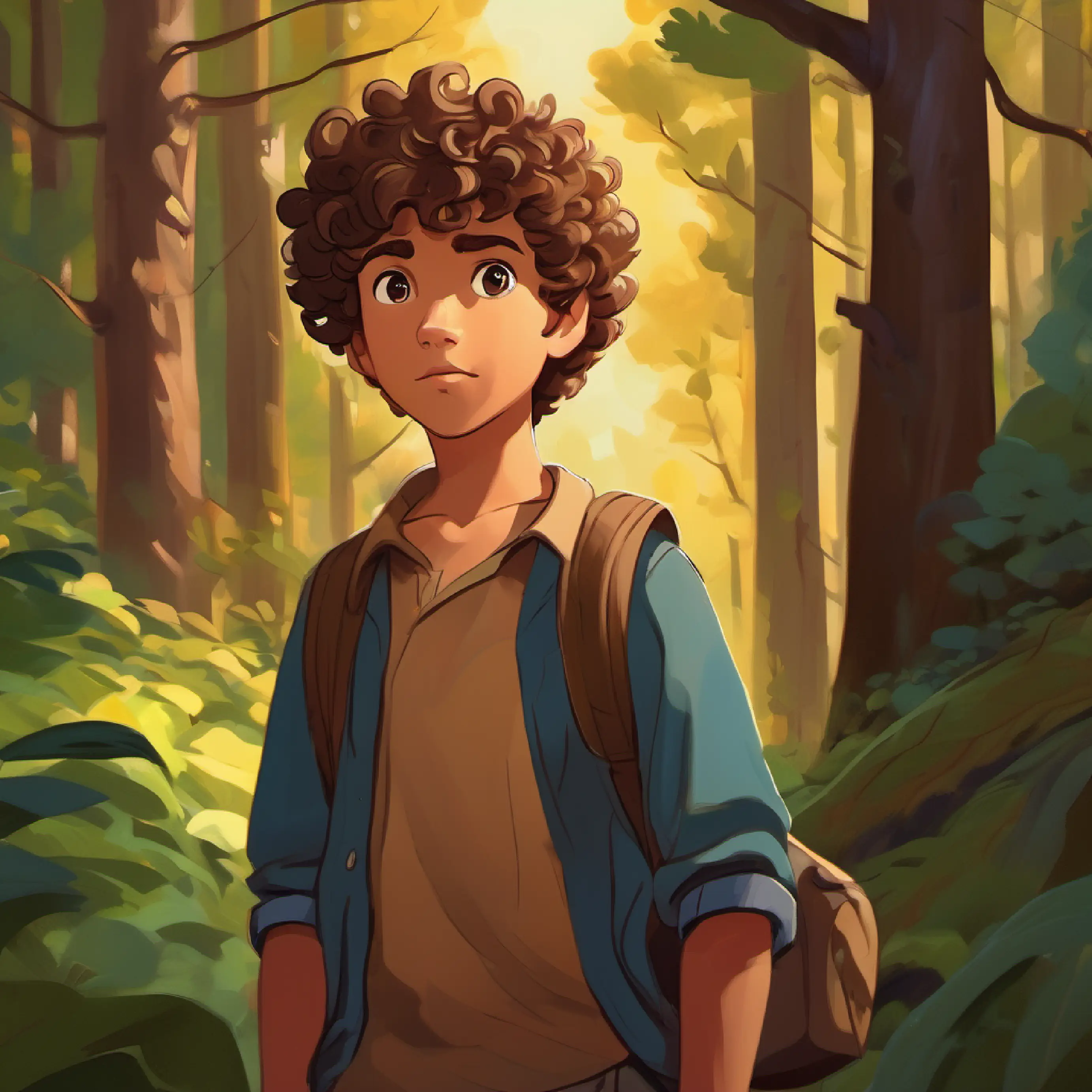 Young boy, curly hair, wide brown eyes enters the forest, realizes he's lost