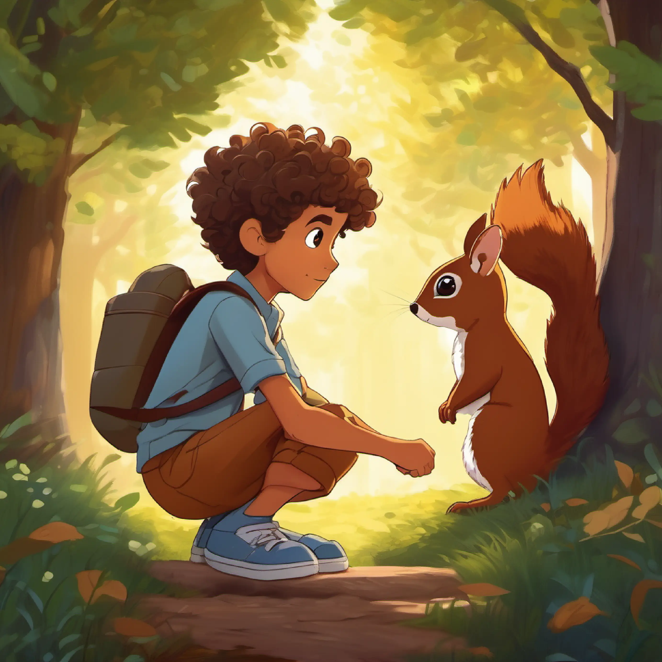 Young boy, curly hair, wide brown eyes meets a squirrel, admits he's lost