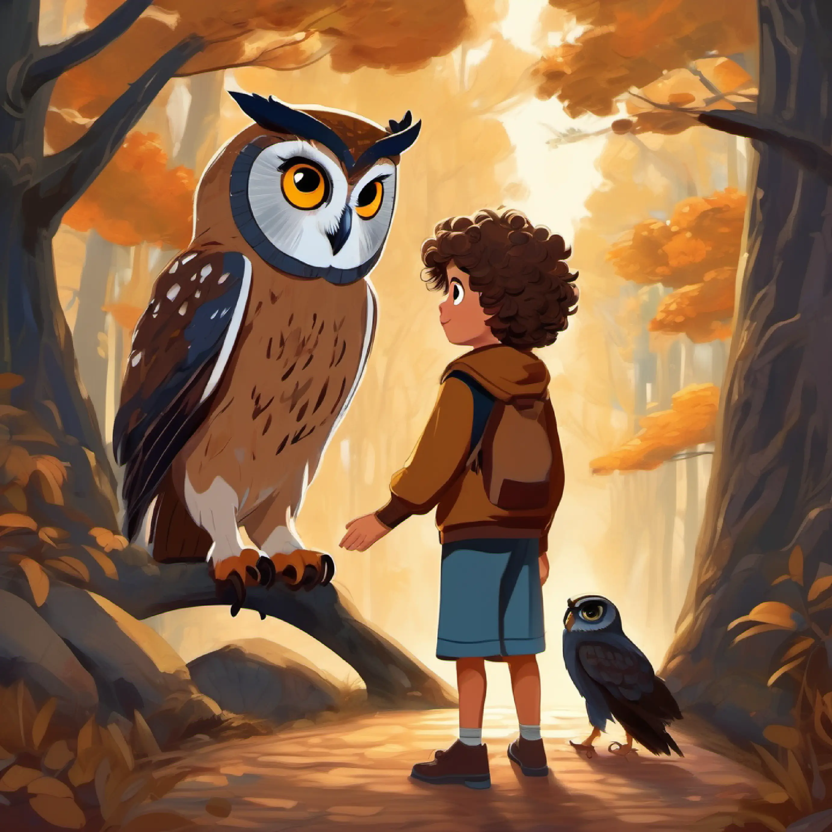 An owl gives Young boy, curly hair, wide brown eyes advice on finding his way