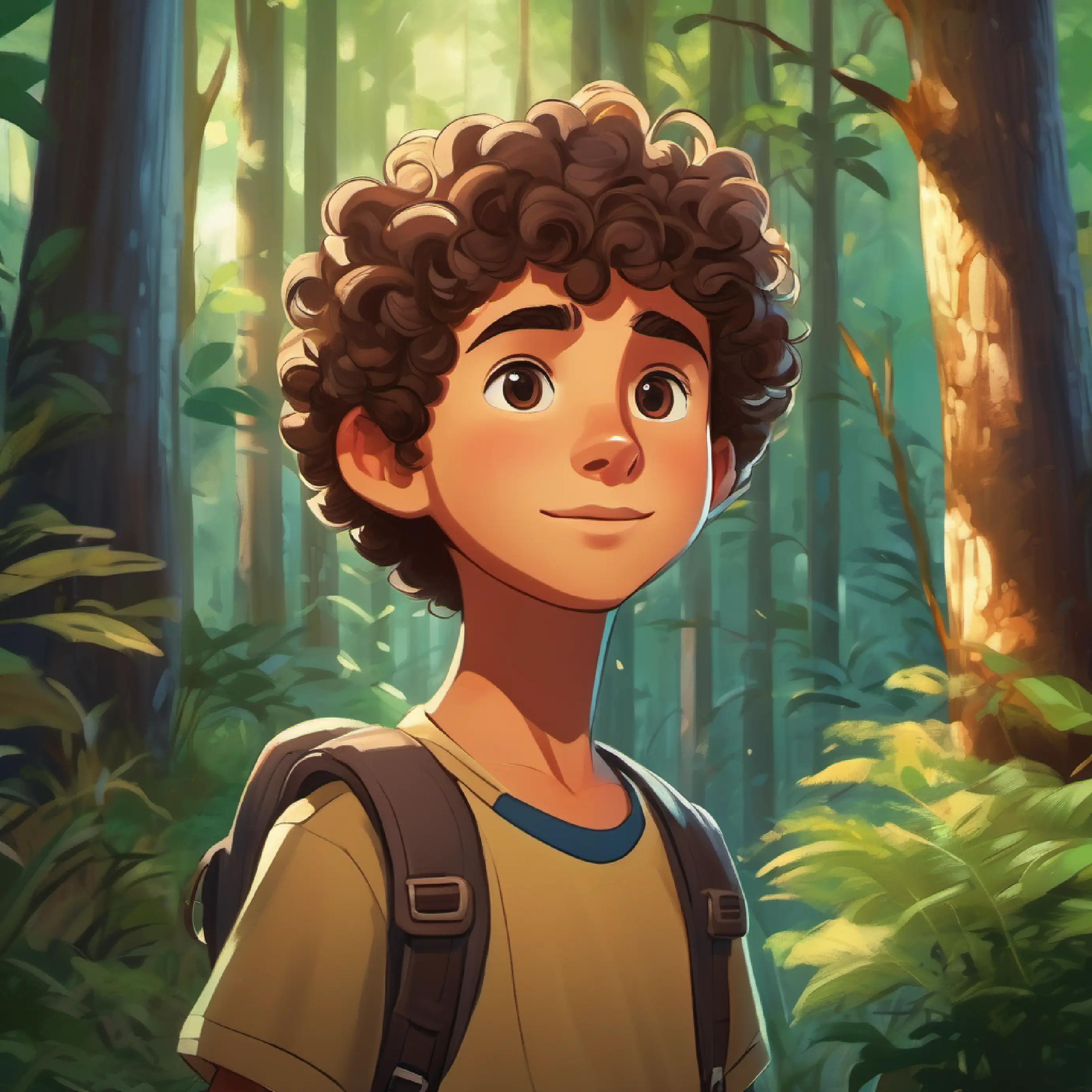 Young boy, curly hair, wide brown eyes's forest adventure continues with friends