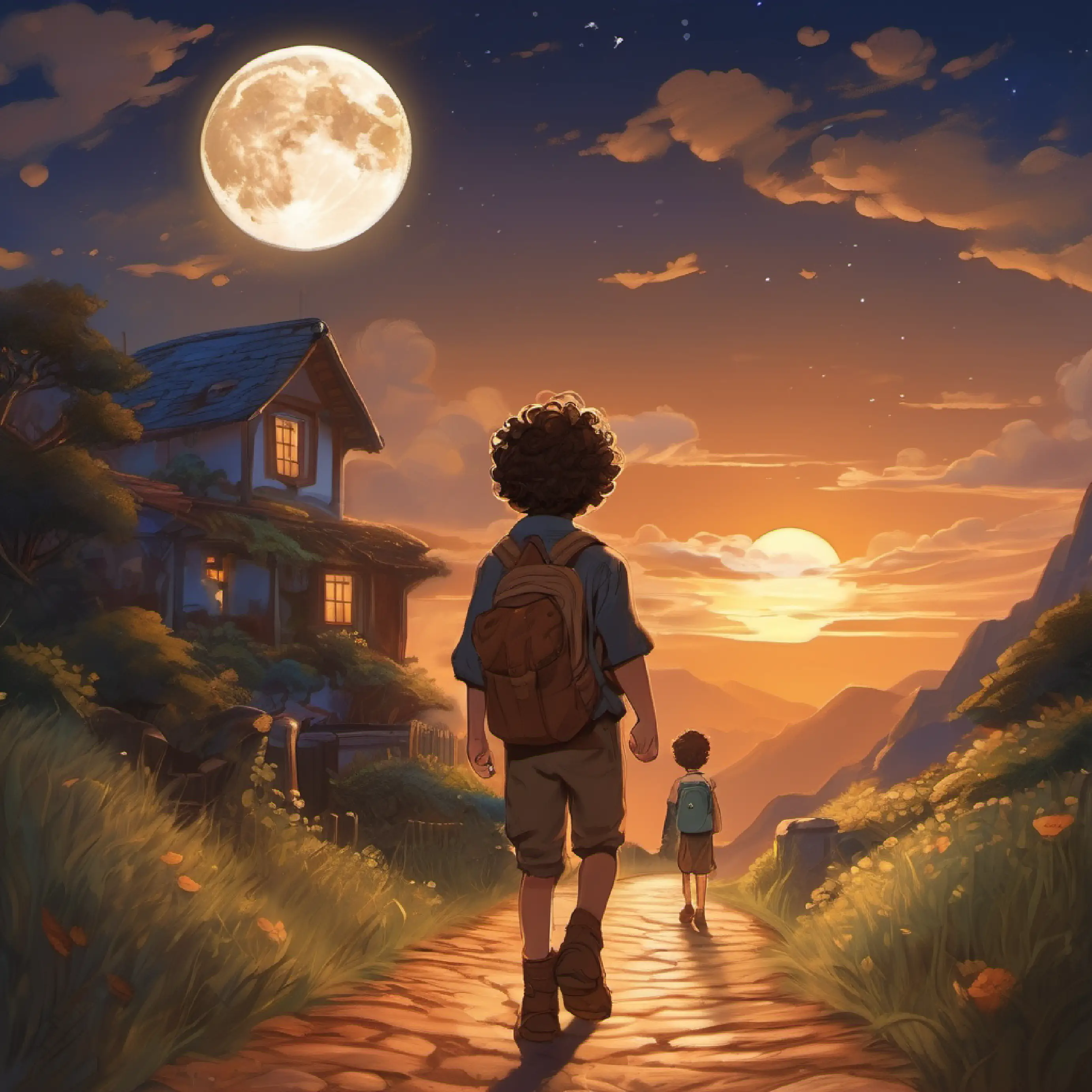 Young boy, curly hair, wide brown eyes finds the path home with the help of the moon