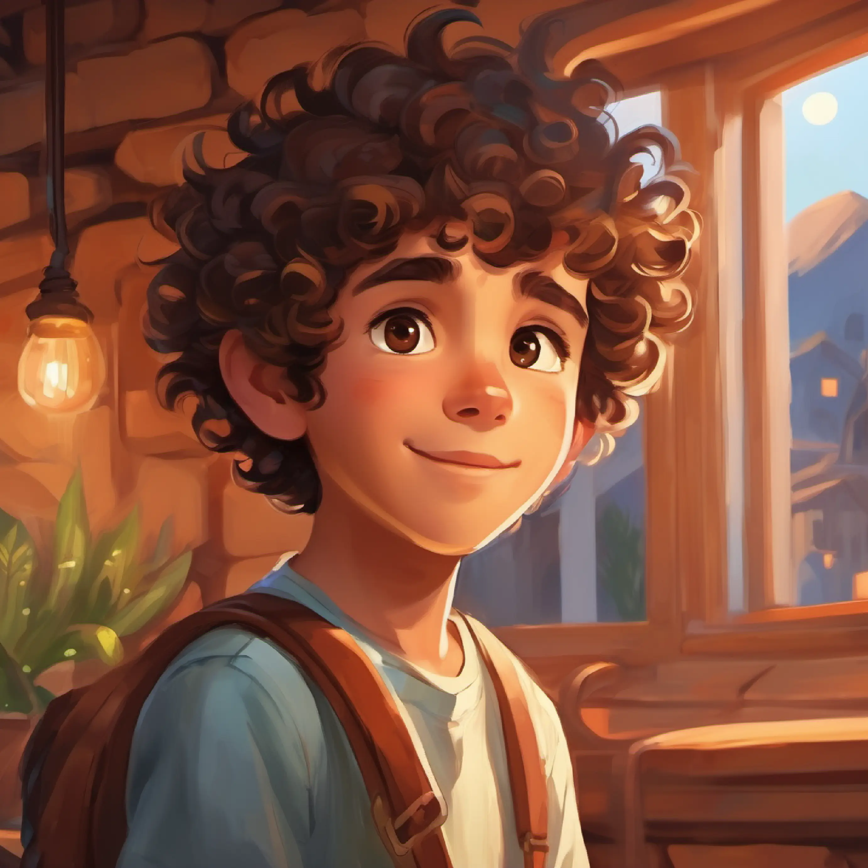 Young boy, curly hair, wide brown eyes is home safe and dreams of more adventures