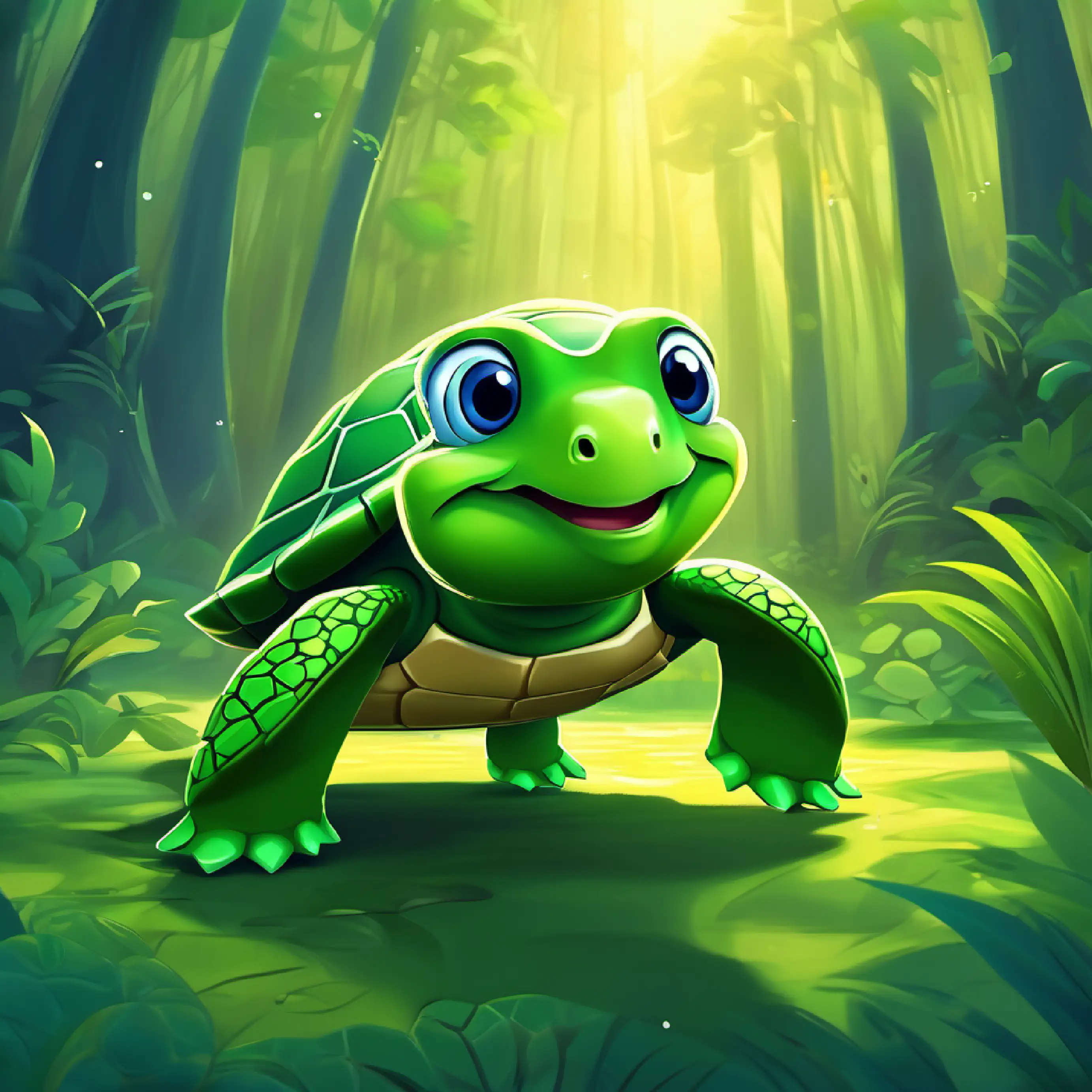 Introduction of Little green turtle with bright, curious eyes, a little turtle in a green forest, with confused feelings.