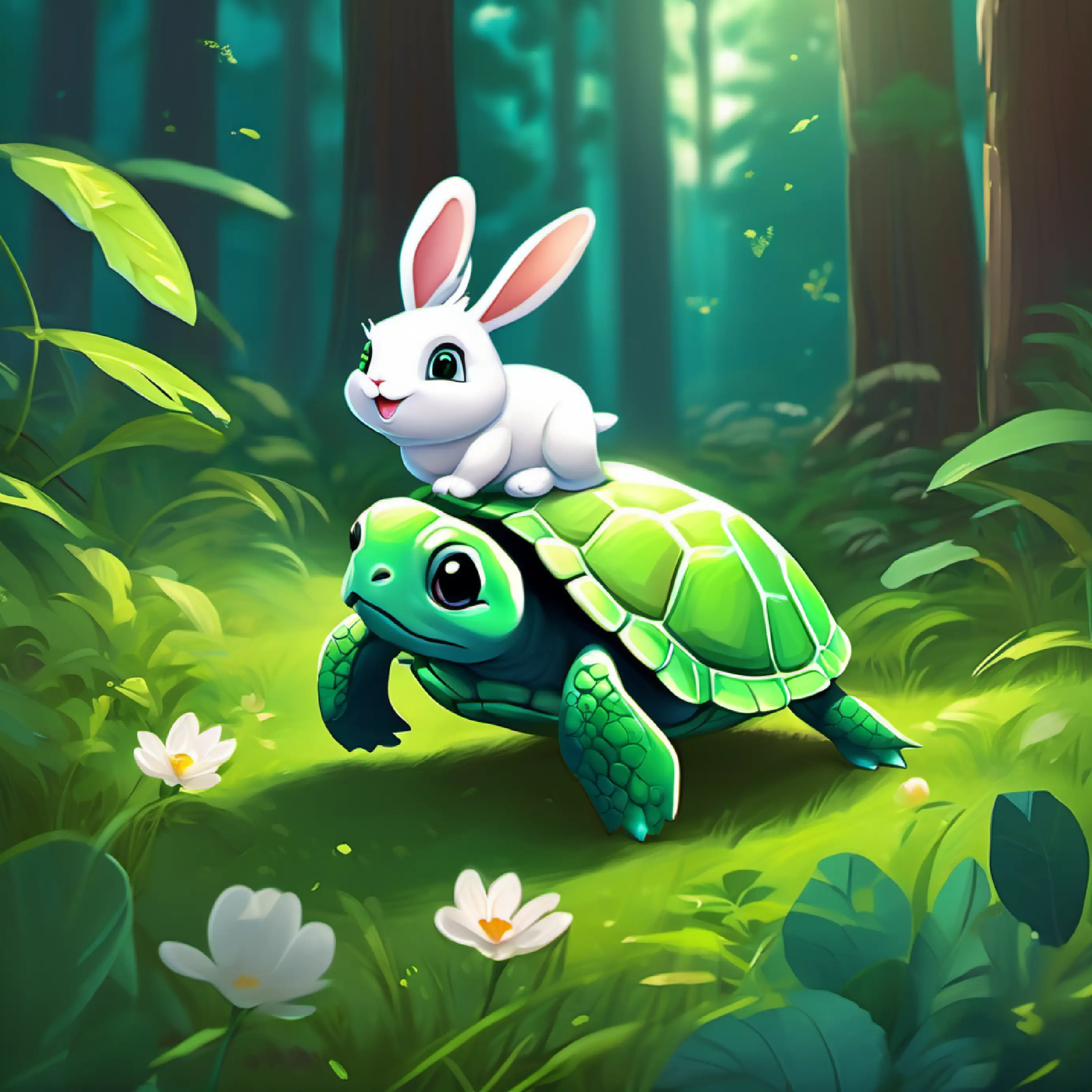 Little green turtle with bright, curious eyes, feeling jumpy while playing with Fluffy white bunny with long, floppy ears the bunny in the forest.
