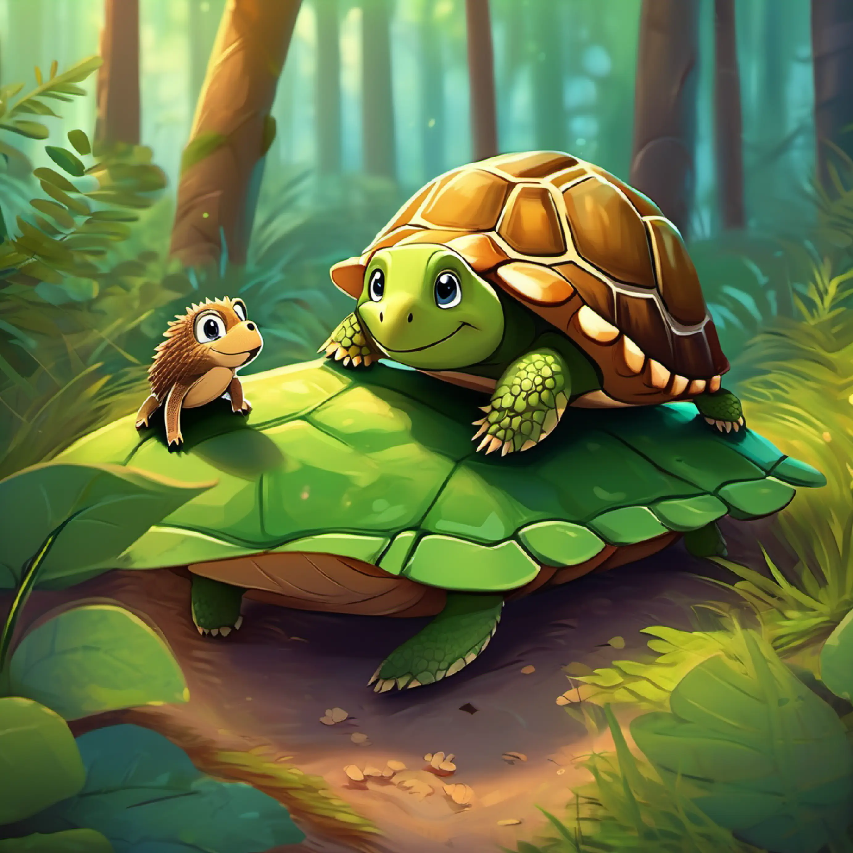 Little green turtle with bright, curious eyes talks to Small brown hedgehog with a big, friendly smile the hedgehog about happiness, in a cozy forest corner.