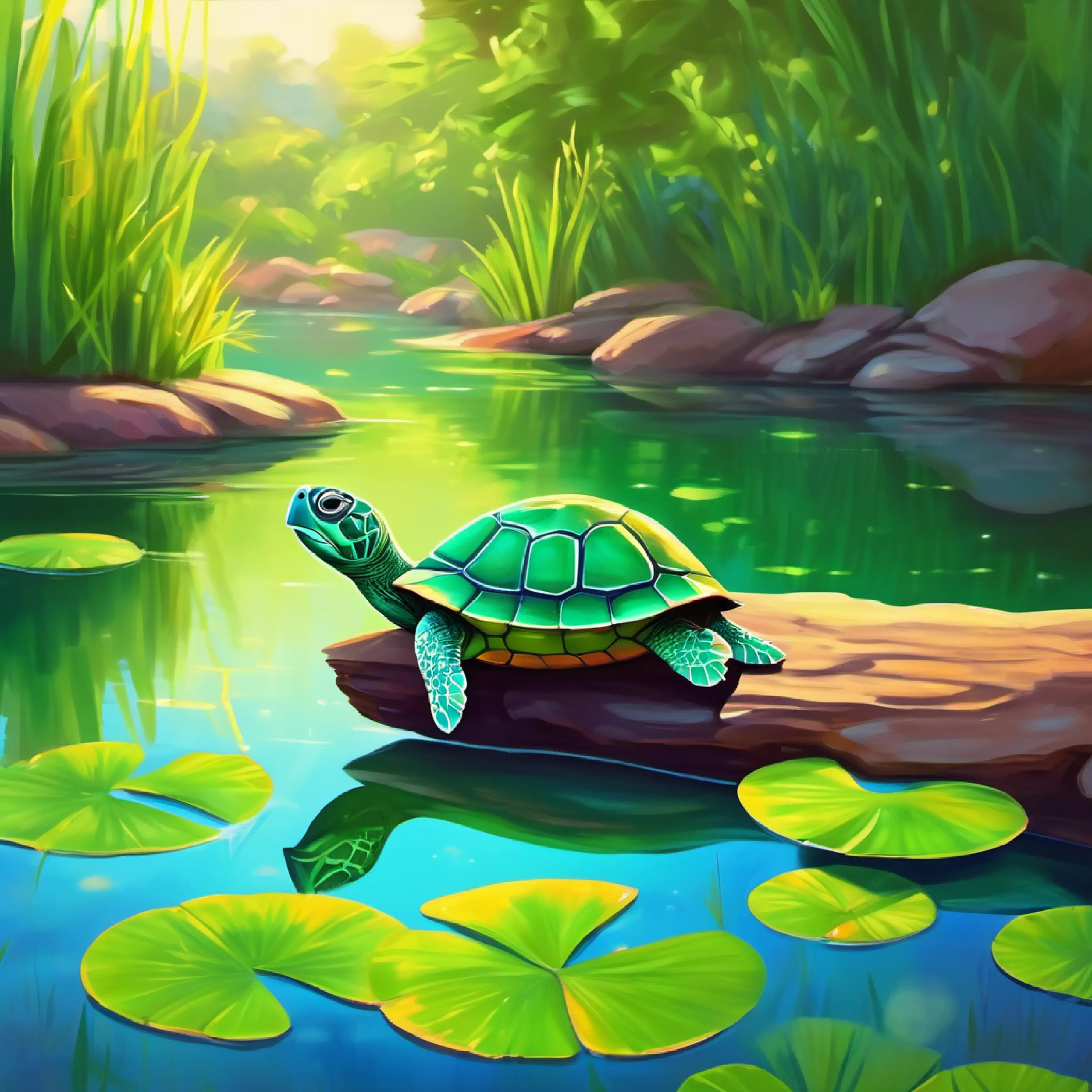 Little green turtle with bright, curious eyes relaxes by imagining her favorite pond, feeling calmer.