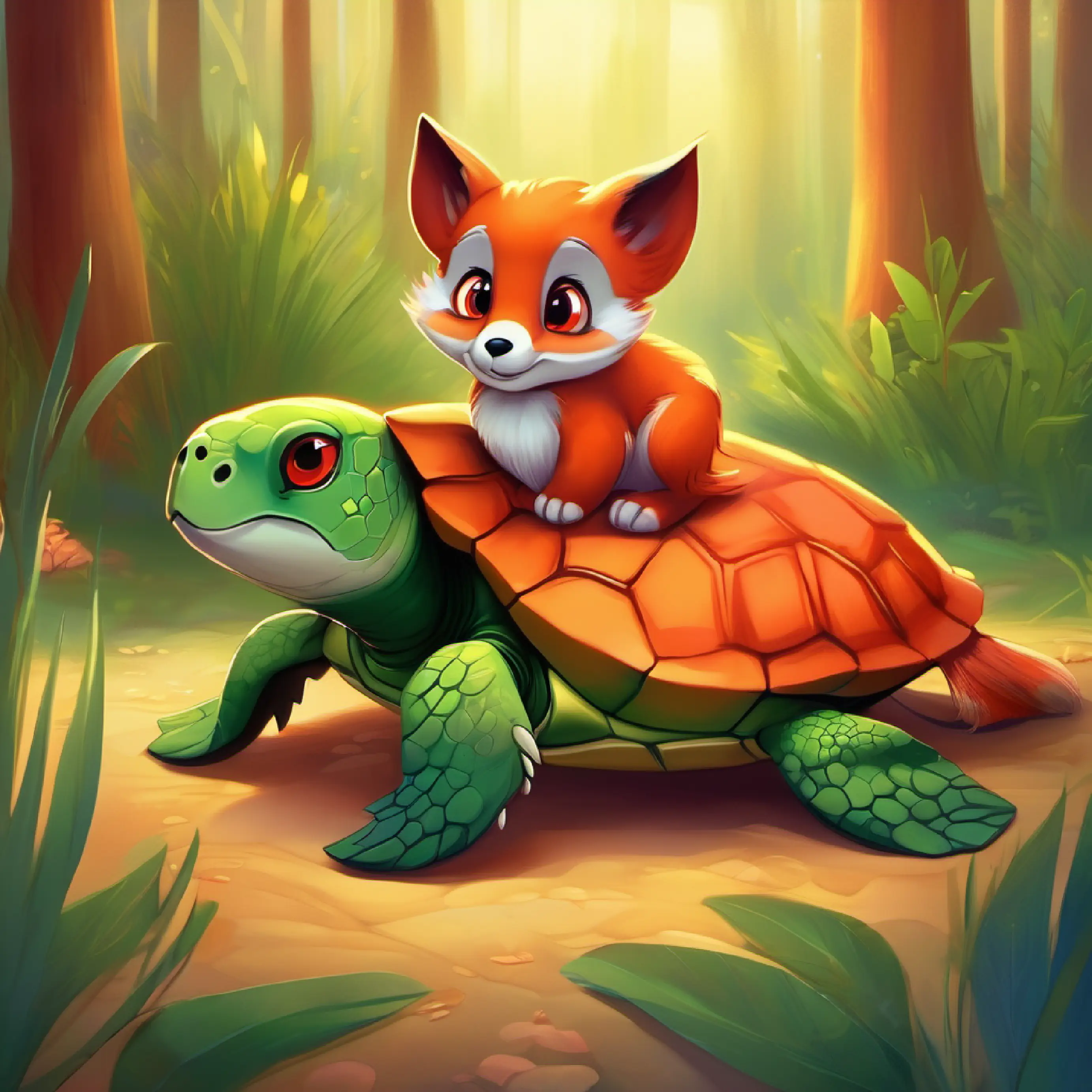 Little green turtle with bright, curious eyes comforts Sleek red fox with a fluffy tail and sad, amber eyes the fox using her newfound calmness.