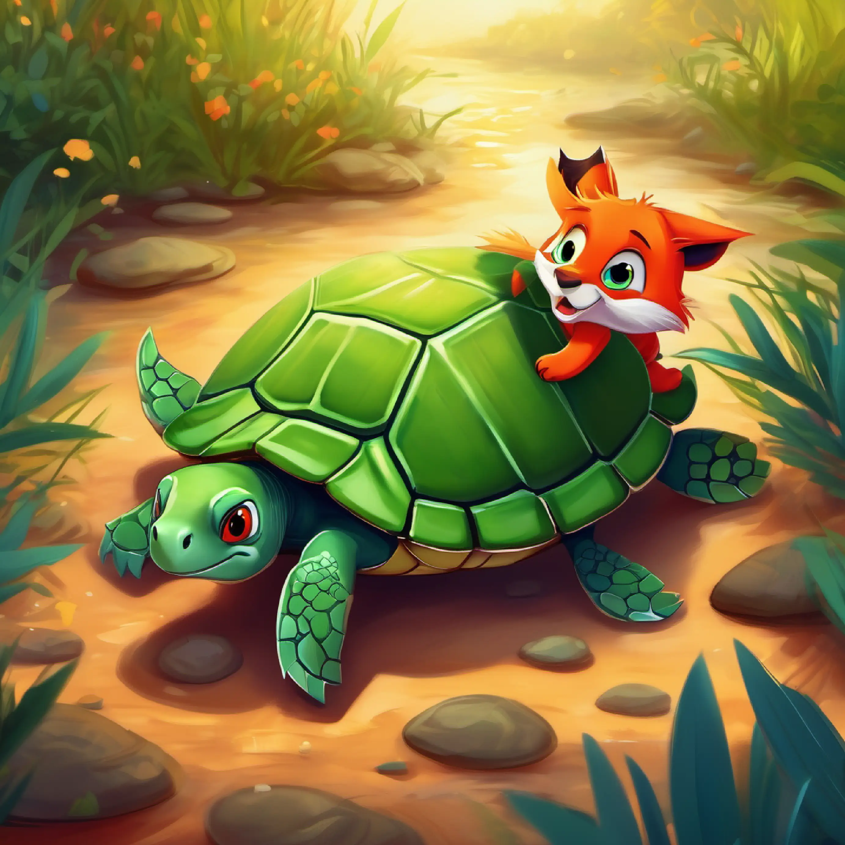 Little green turtle with bright, curious eyes and Sleek red fox with a fluffy tail and sad, amber eyes find the lost ribbon, and Little green turtle with bright, curious eyes feels happy.