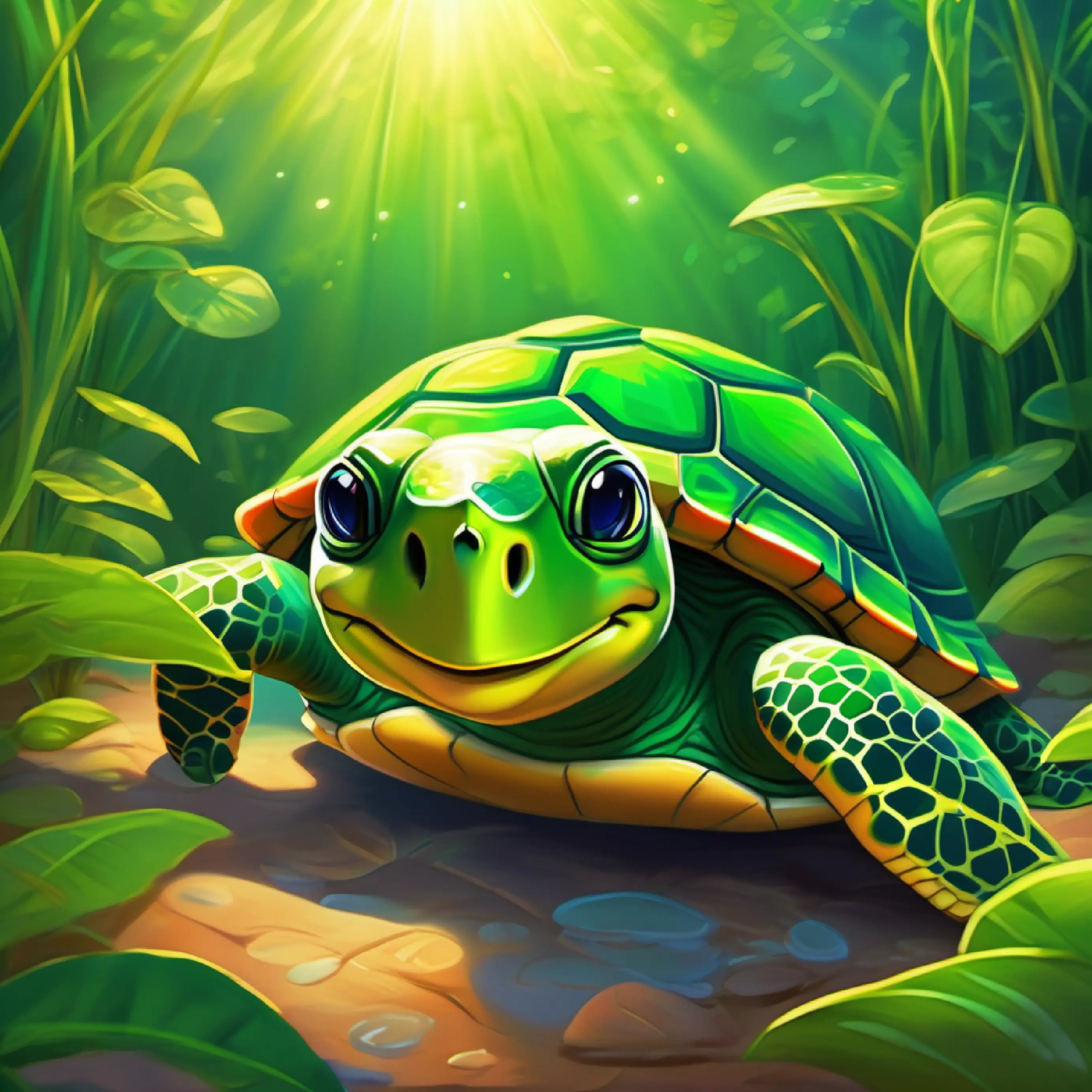 Little green turtle with bright, curious eyes reflects on her day's emotions before sleeping, content in her leafy bed.
