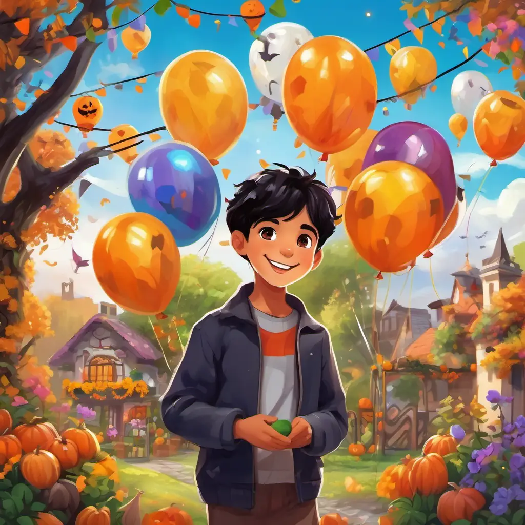 Amit - A kind-hearted boy with black hair, brown eyes, and a big smile and Ayza in their beautiful garden, surrounded by colorful decorations, balloons, flowers, and tasty treats