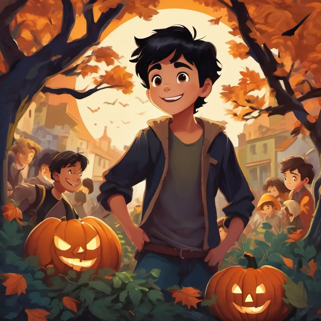 Amit - A kind-hearted boy with black hair, brown eyes, and a big smile, filled with excitement, surrounded by friends and family hiding behind the bushes