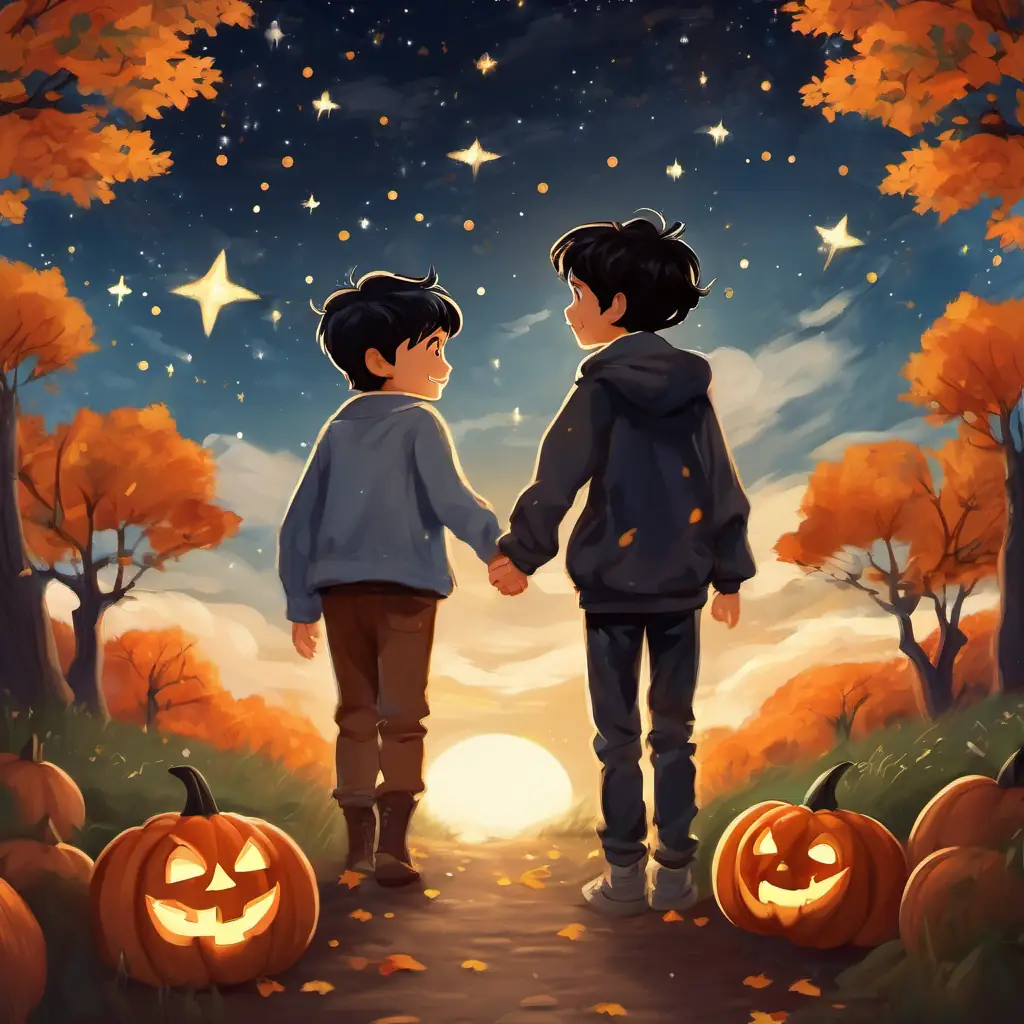 Ayza and Amit - A kind-hearted boy with black hair, brown eyes, and a big smile holding hands, looking up at the stars, feeling grateful and loved