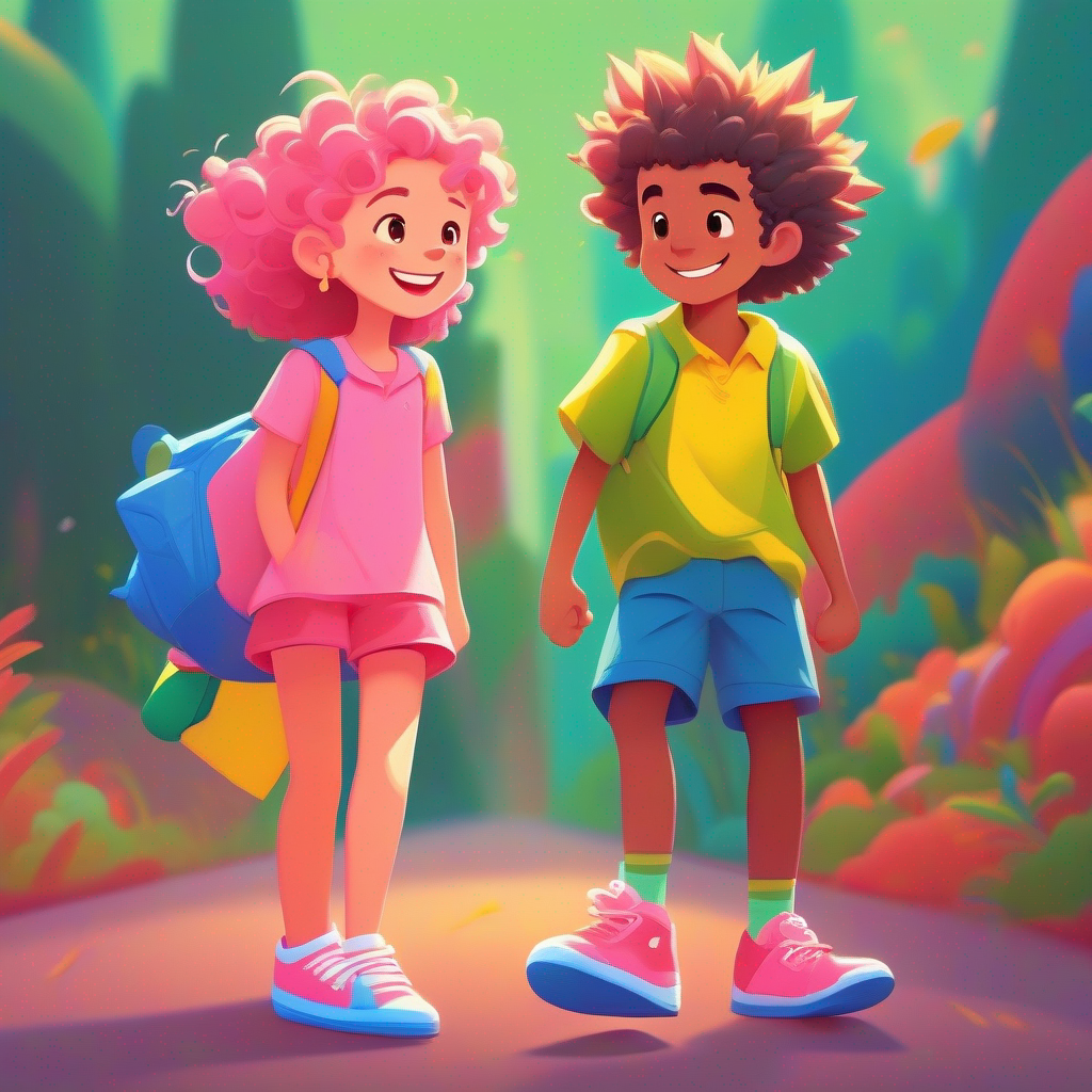 Sara - curly hair, pink dress, and blue shoes. and Ahmed - spiky hair, green shirt, and red shorts. with big smiles. Colors: Yellow, Blue