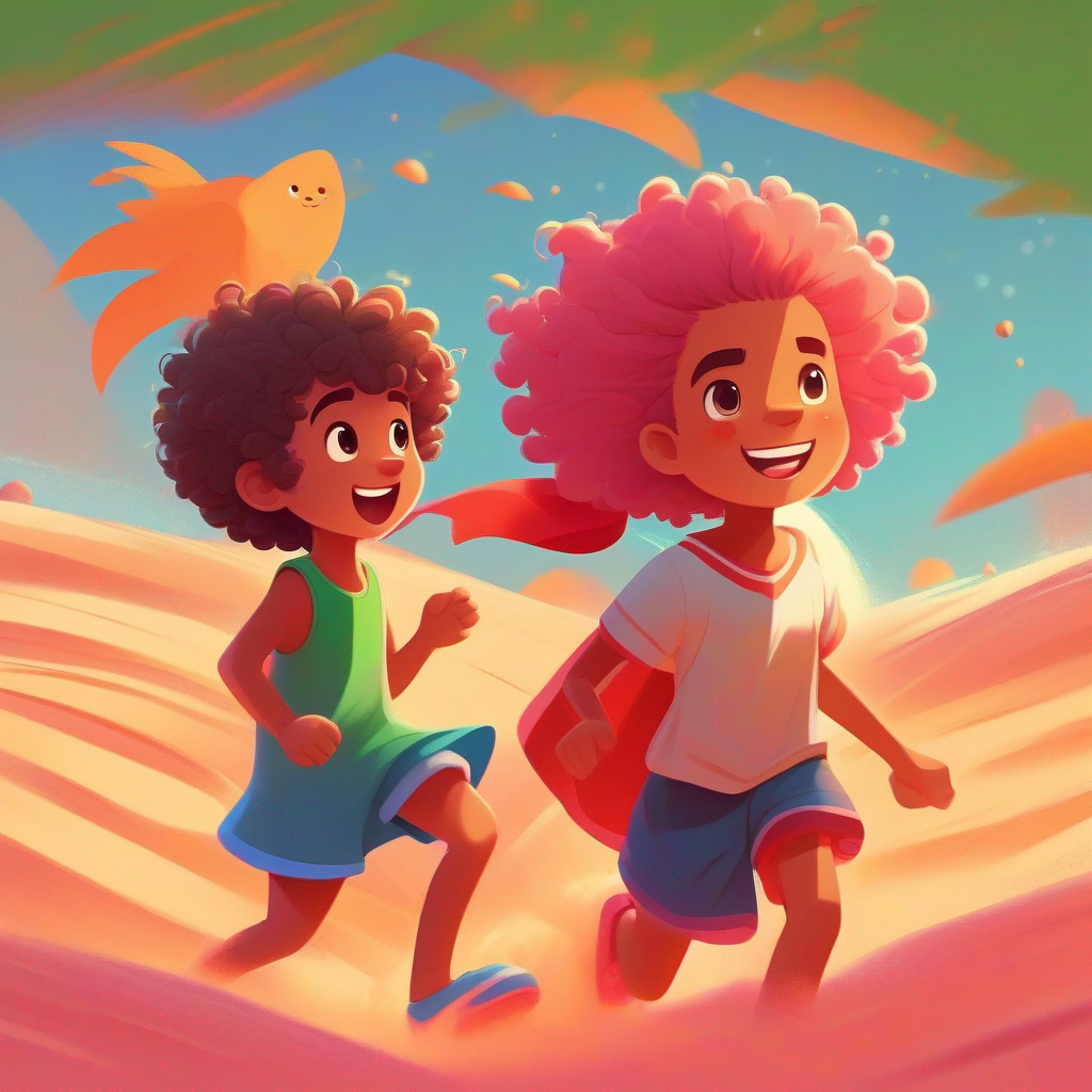 Sara - curly hair, pink dress, and blue shoes. and Ahmed - spiky hair, green shirt, and red shorts. playing in the sand. Colors: Brown, Orange