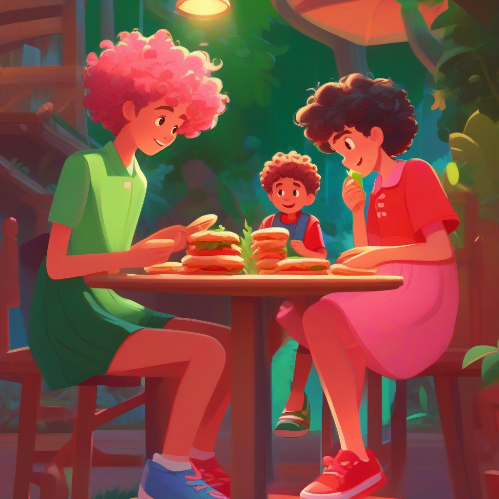 Sara - curly hair, pink dress, and blue shoes. and Ahmed - spiky hair, green shirt, and red shorts. eating sandwiches with their grandparents. Colors: Green, Red