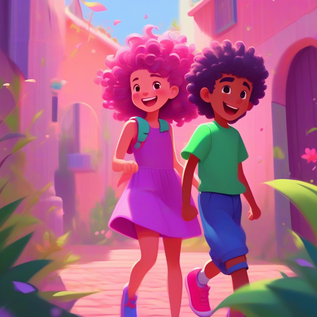 Sara - curly hair, pink dress, and blue shoes. and Ahmed - spiky hair, green shirt, and red shorts. playing and laughing. Colors: Purple, Pink