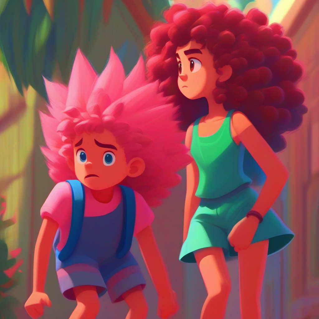 Sara - curly hair, pink dress, and blue shoes. and Ahmed - spiky hair, green shirt, and red shorts. looking upset. Colors: Red, Blue