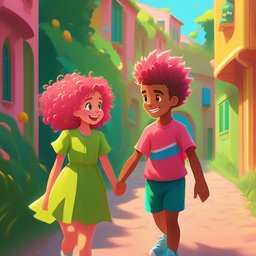Sara - curly hair, pink dress, and blue shoes. and Ahmed - spiky hair, green shirt, and red shorts. talking and smiling. Colors: Green, Yellow