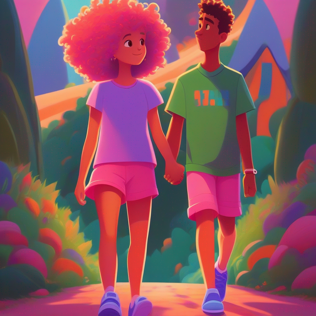 Sara - curly hair, pink dress, and blue shoes. and Ahmed - spiky hair, green shirt, and red shorts. holding hands with a movie poster. Colors: Orange, Purple