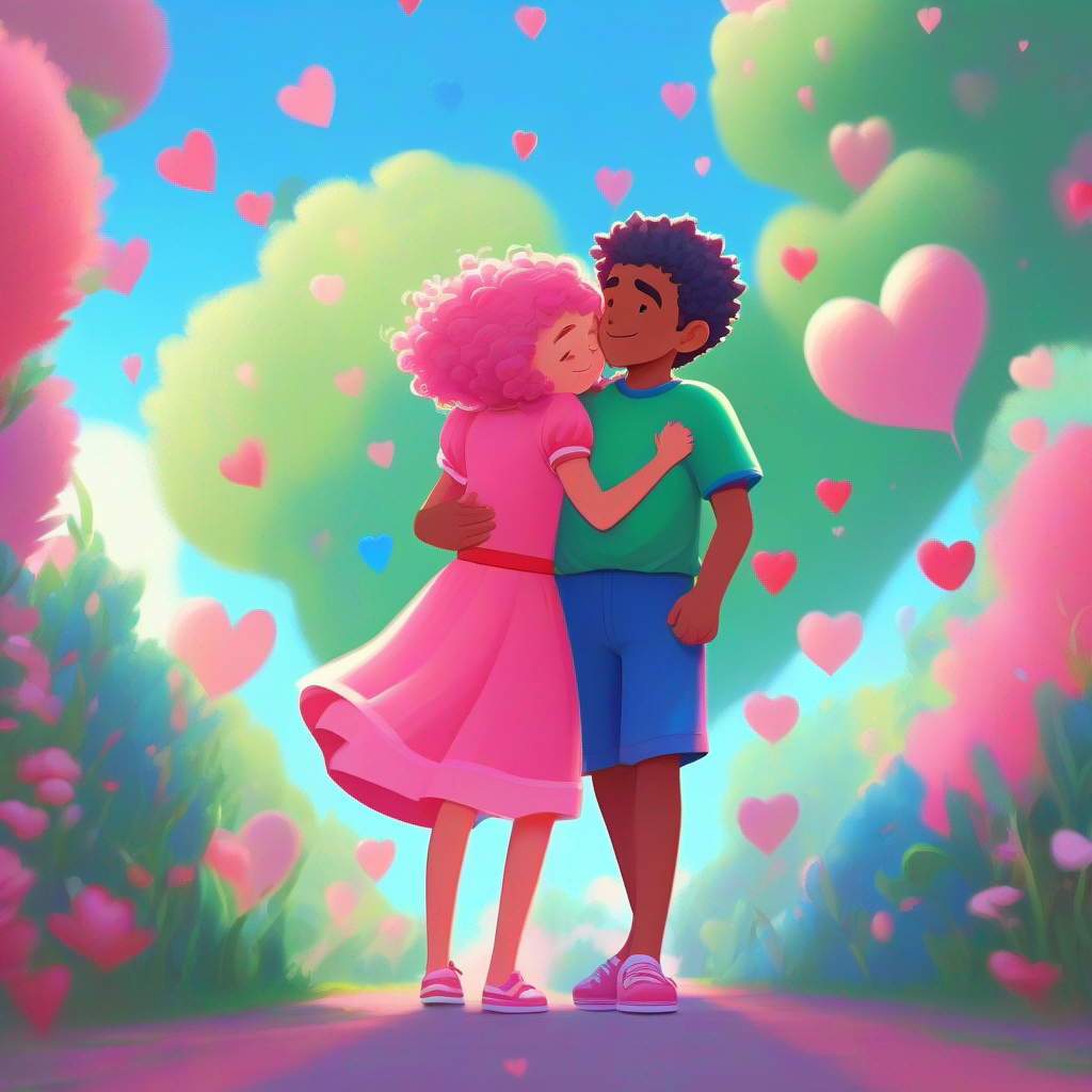 Sara - curly hair, pink dress, and blue shoes. and Ahmed - spiky hair, green shirt, and red shorts. hugging with hearts above them. Colors: Pink, Blue