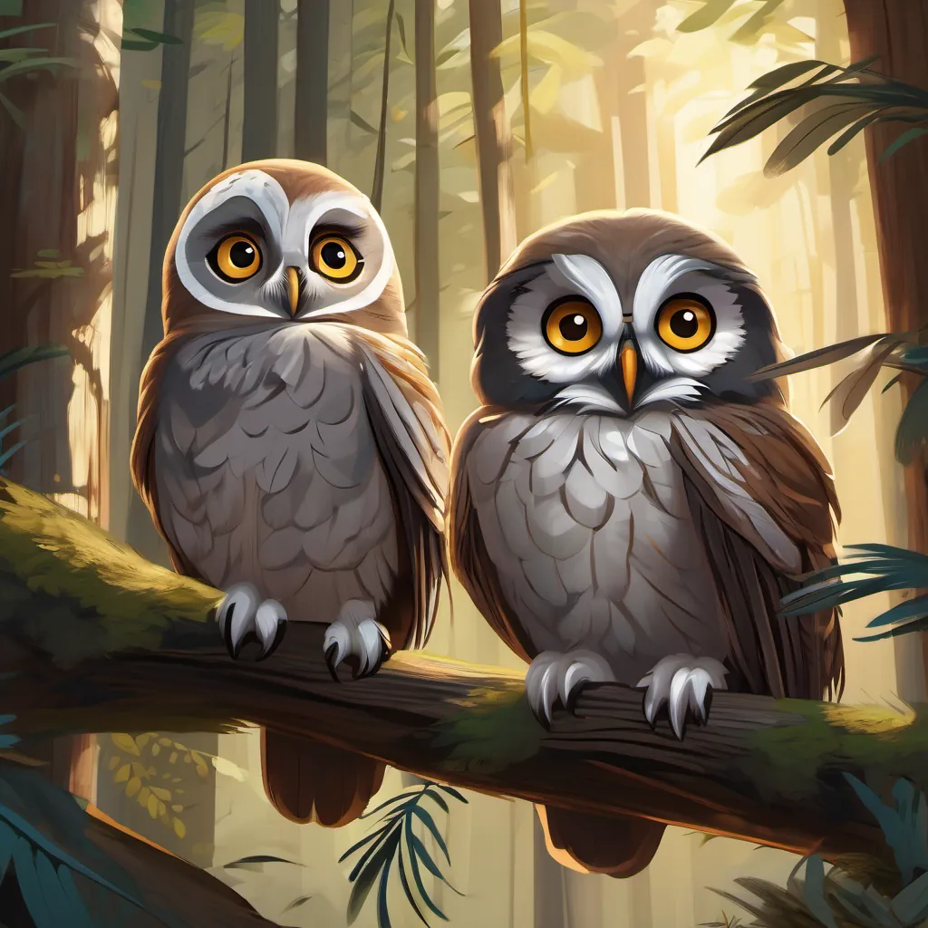 brown feathers, large eyes, grey feathers, wise eyes, three owlets, explore forest