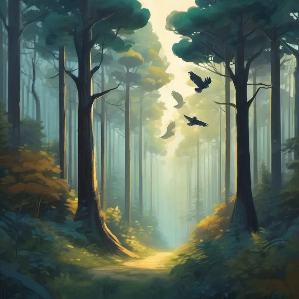 Owls fly over tall trees in dark, quiet forest