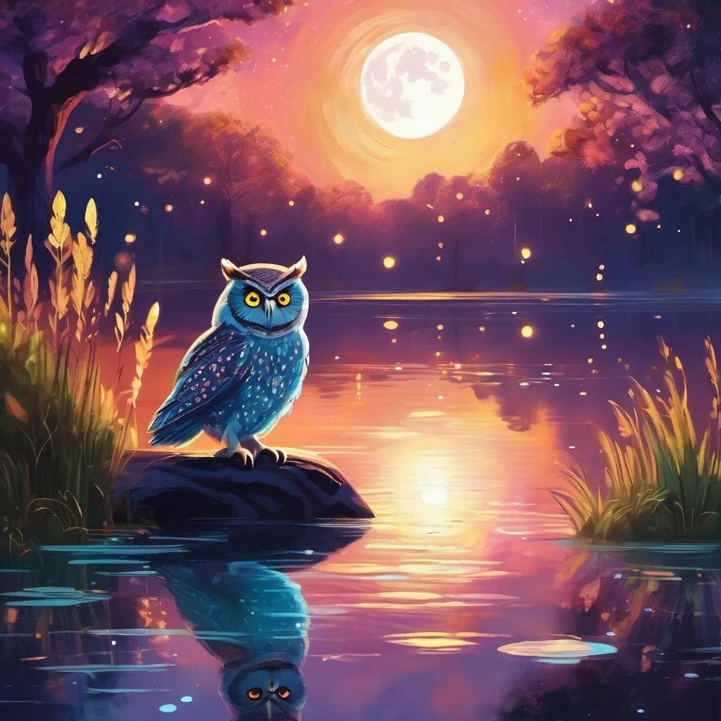 Owls find pond, moonlight sparkles on water