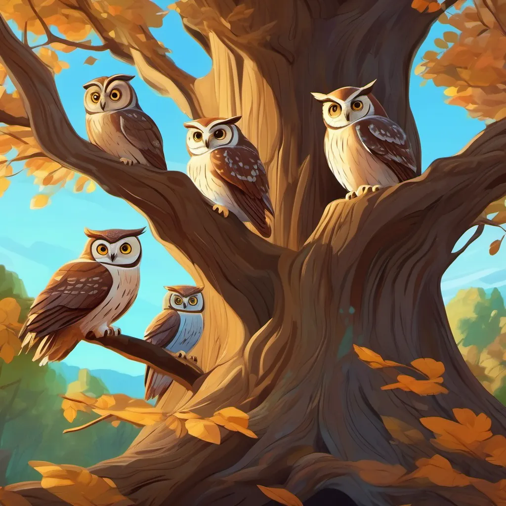 Owl family in a big, old tree near a forest
