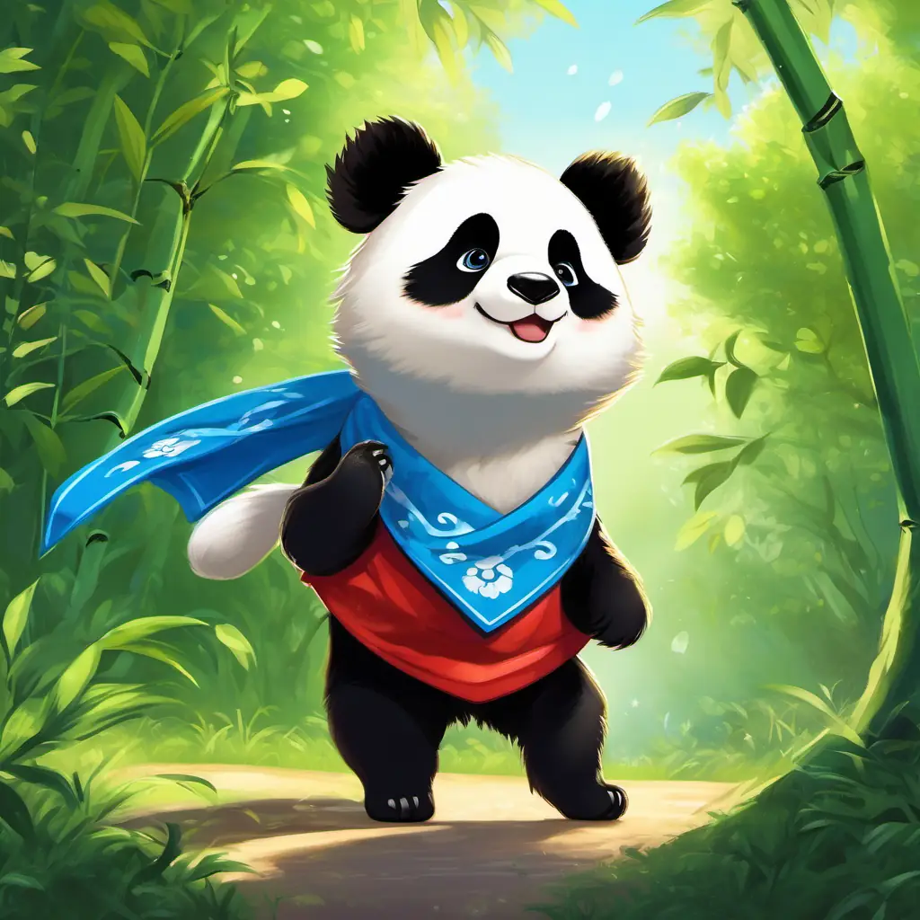 In a green, sunny park, Pete the playful puppy, golden fur, sparkling brown eyes, wagging tail the puppy happily wagging his tail, wearing a red collar. Psy the playful panda, black and white fur, twinkling black eyes, wears a blue bandana the panda is sitting under a tall tree, munching on bamboo, wearing a blue bandana.