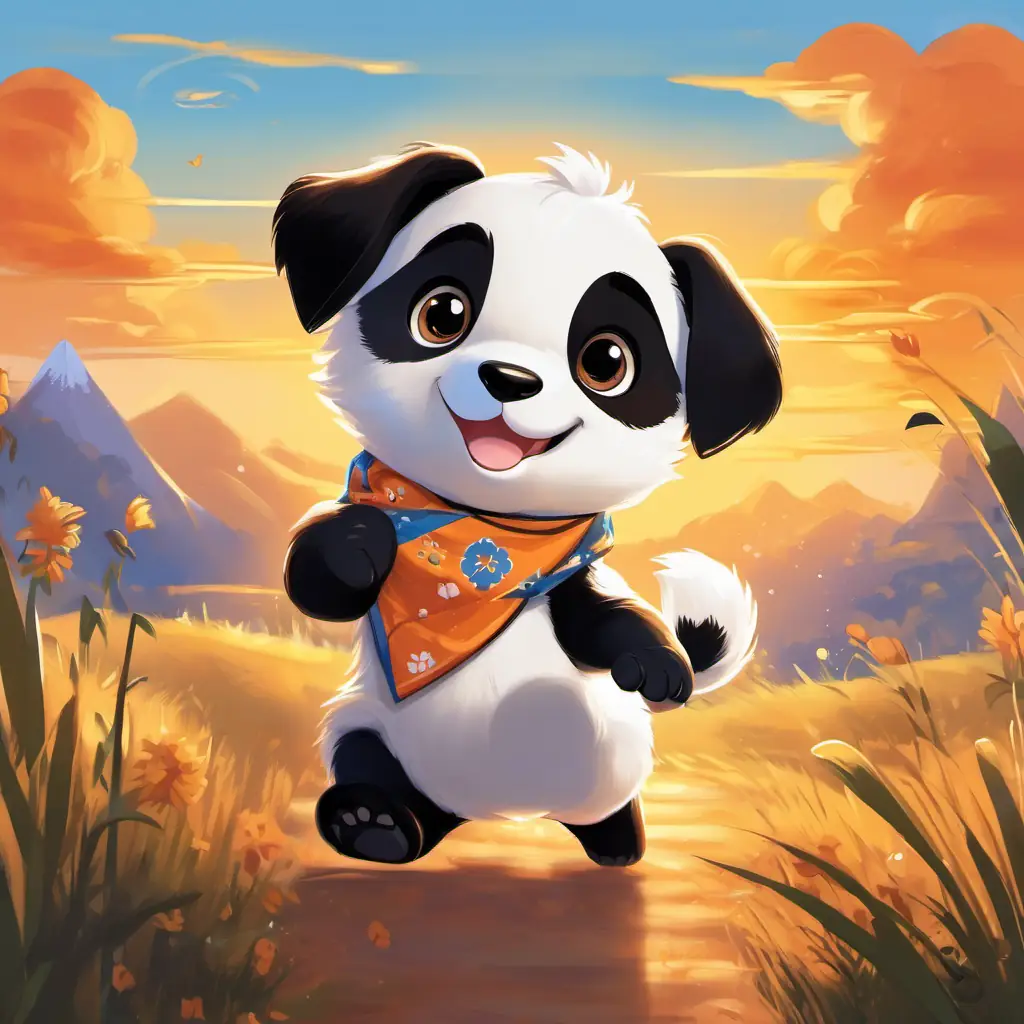 Pete the playful puppy, golden fur, sparkling brown eyes, wagging tail and Psy the playful panda, black and white fur, twinkling black eyes, wears a blue bandana jump and clap, with big grins on their faces, the sun setting behind them in the orange sky.