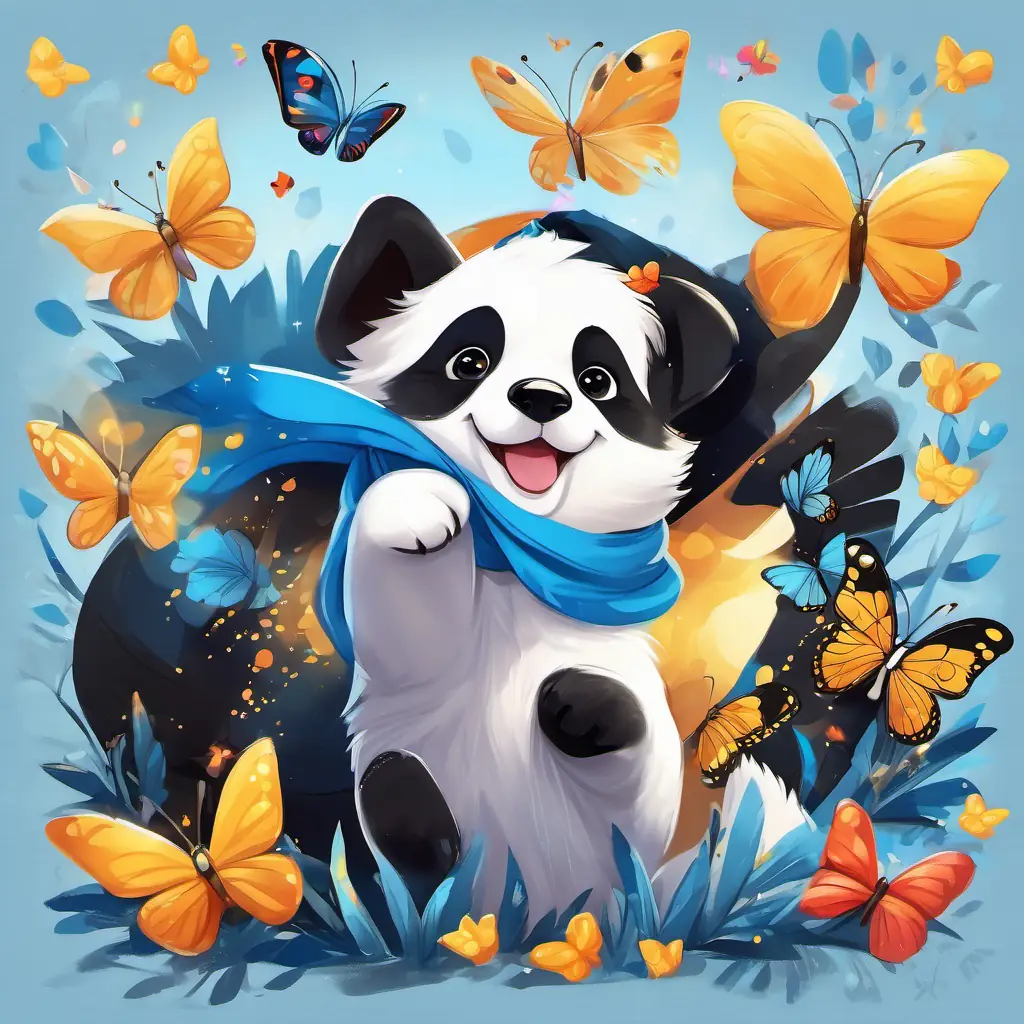 Pete the playful puppy, golden fur, sparkling brown eyes, wagging tail barking and Psy the playful panda, black and white fur, twinkling black eyes, wears a blue bandana laughing, with colorful butterflies fluttering around them.