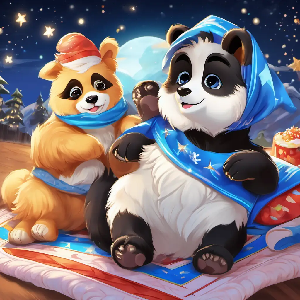 Pete the playful puppy, golden fur, sparkling brown eyes, wagging tail and Psy the playful panda, black and white fur, twinkling black eyes, wears a blue bandana sitting on a blanket, with colorful slushies in their paws, humming under the starlit sky.