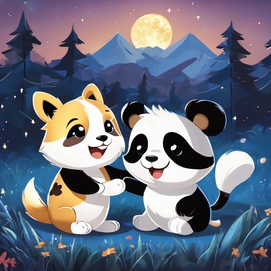 Pete the playful puppy, golden fur, sparkling brown eyes, wagging tail and Psy the playful panda, black and white fur, twinkling black eyes, wears a blue bandana standing under the moon, cuddling and giving a high-five, with big smiles on their faces.