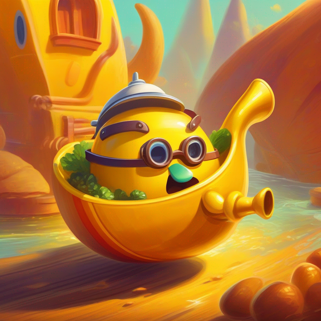 A brave potato sailing on a gravy boat, yellow color, goggles sailing on a gravy boat in Veggieville, bright colors