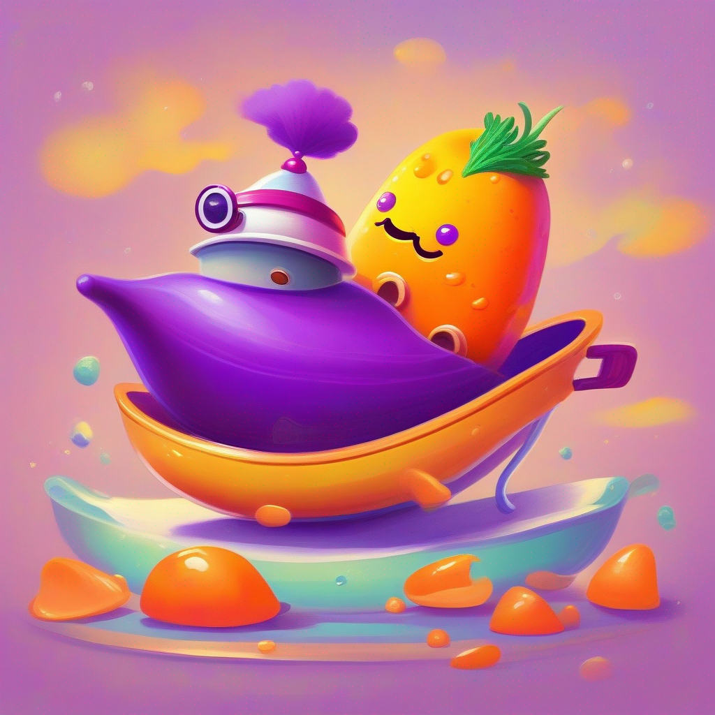 A brave potato sailing on a gravy boat, yellow color, goggles meeting A mischievous carrot with a purple hat, orange color, purple hat, playful colors