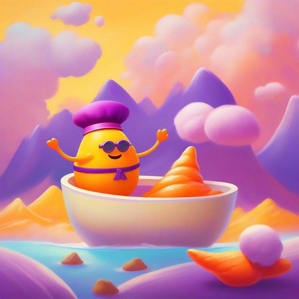 A brave potato sailing on a gravy boat, yellow color, goggles and A mischievous carrot with a purple hat, orange color playing on fluffy marshmallow mountains