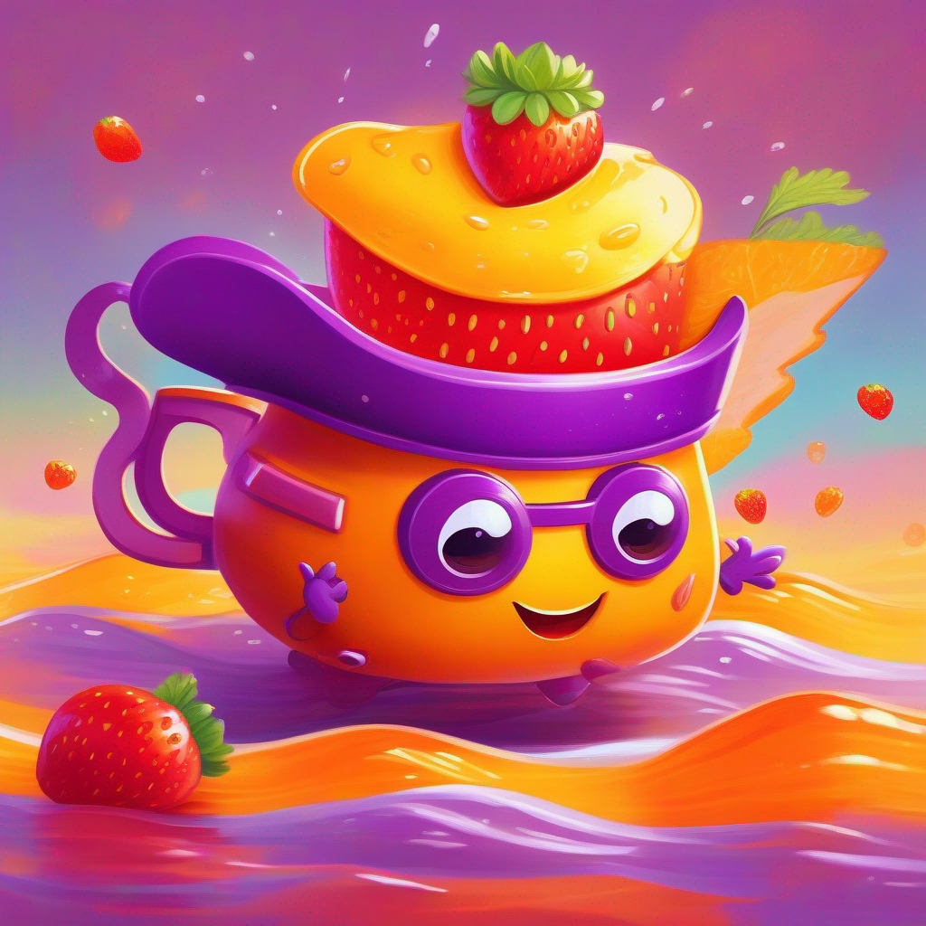 A brave potato sailing on a gravy boat, yellow color, goggles and A mischievous carrot with a purple hat, orange color enjoying strawberries and swimming in chocolate