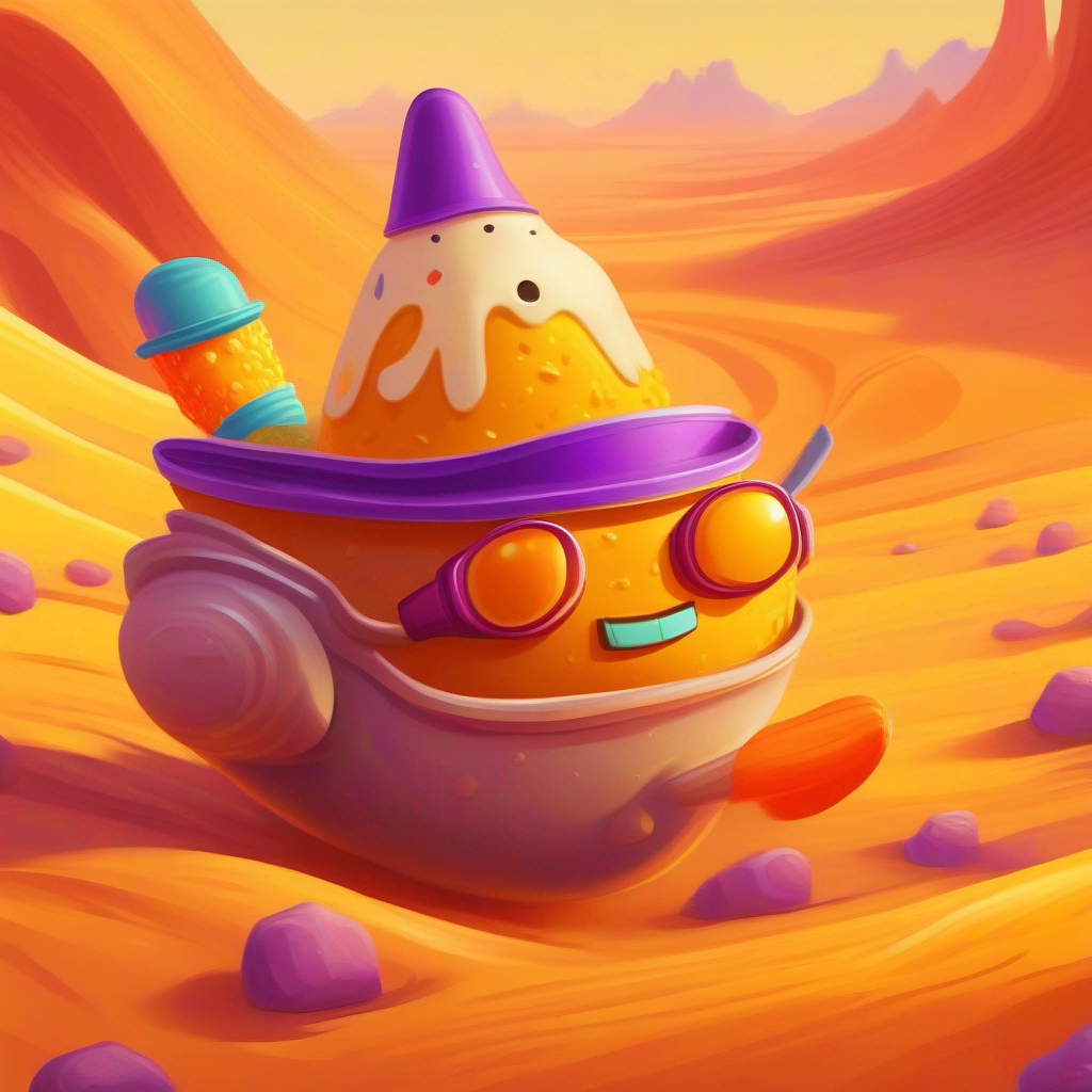 A brave potato sailing on a gravy boat, yellow color, goggles and A mischievous carrot with a purple hat, orange color playing in a desert of golden fries