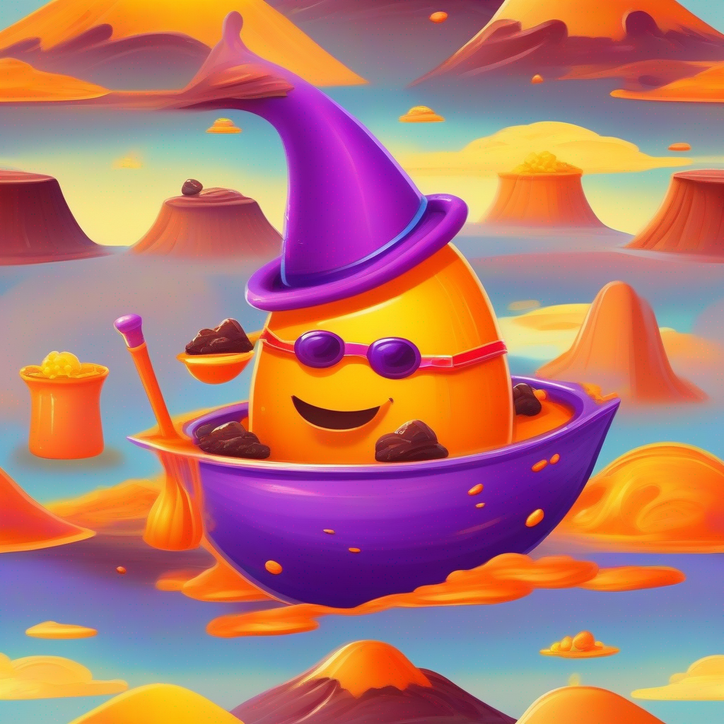 A brave potato sailing on a gravy boat, yellow color, goggles and A mischievous carrot with a purple hat, orange color collecting melted chocolate from the volcano
