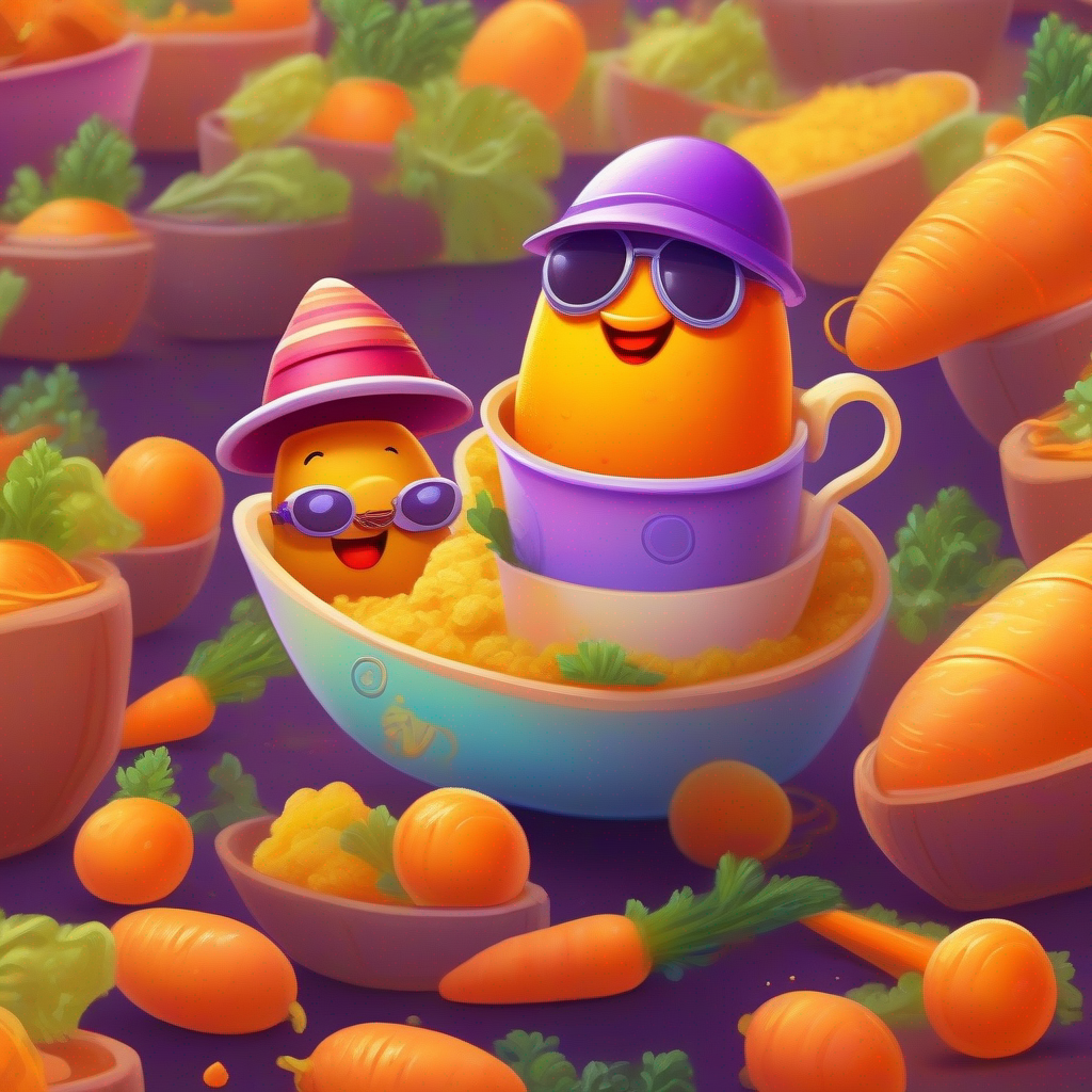 A brave potato sailing on a gravy boat, yellow color, goggles and A mischievous carrot with a purple hat, orange color sharing stories and treats with friends