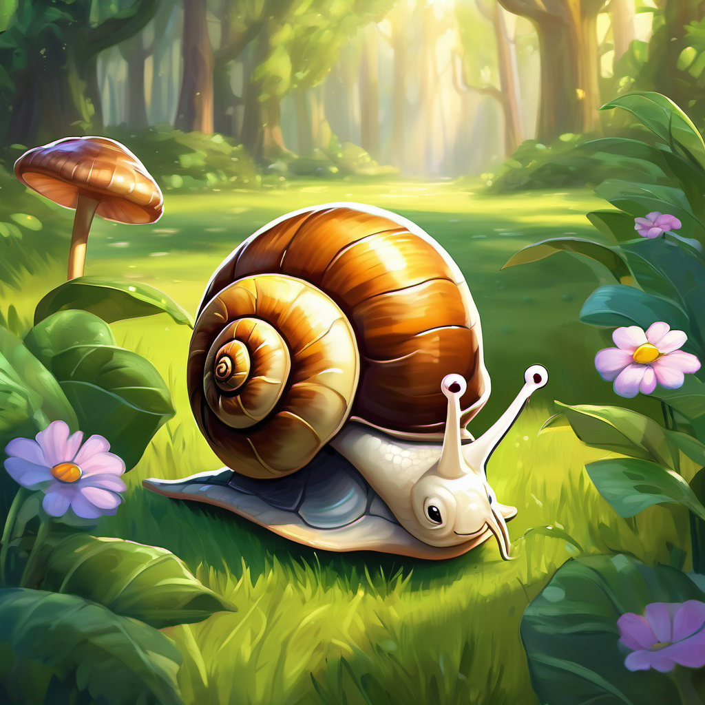 In a quiet garden behind a cozy cottage, there is a snail named Sammy is a snail with a shiny shell and a big smile. Sammy is a snail with a shiny shell and a big smile is smiling and has a shiny shell.