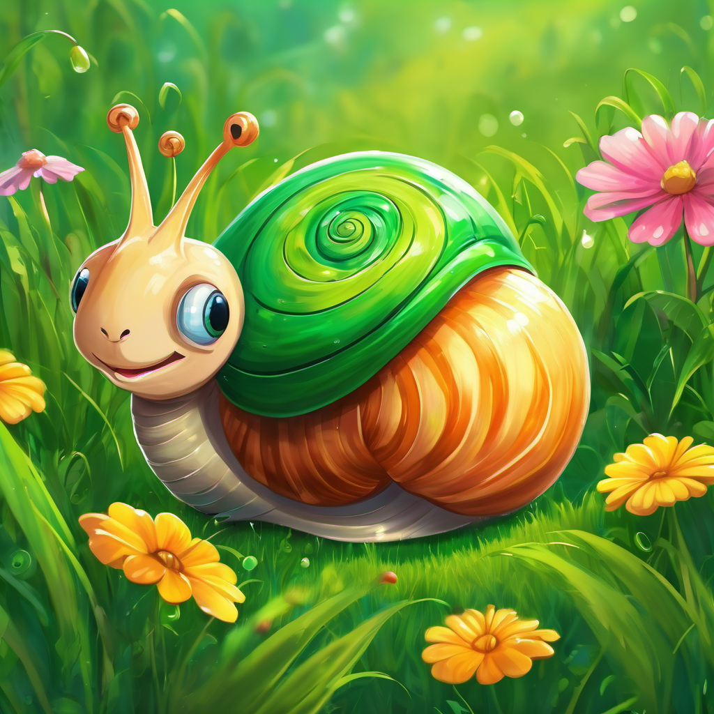 Sammy is a snail with a shiny shell and a big smile is crawling on the green grass, with butterflies flying around him.