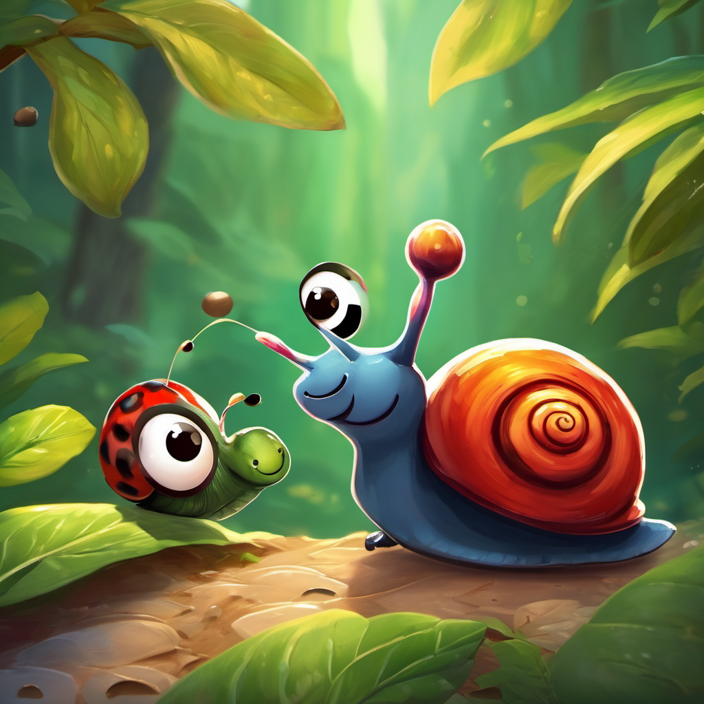 Sammy is a snail with a shiny shell and a big smile is helping a ladybug stuck on a leaf. He has a determined look on his face.