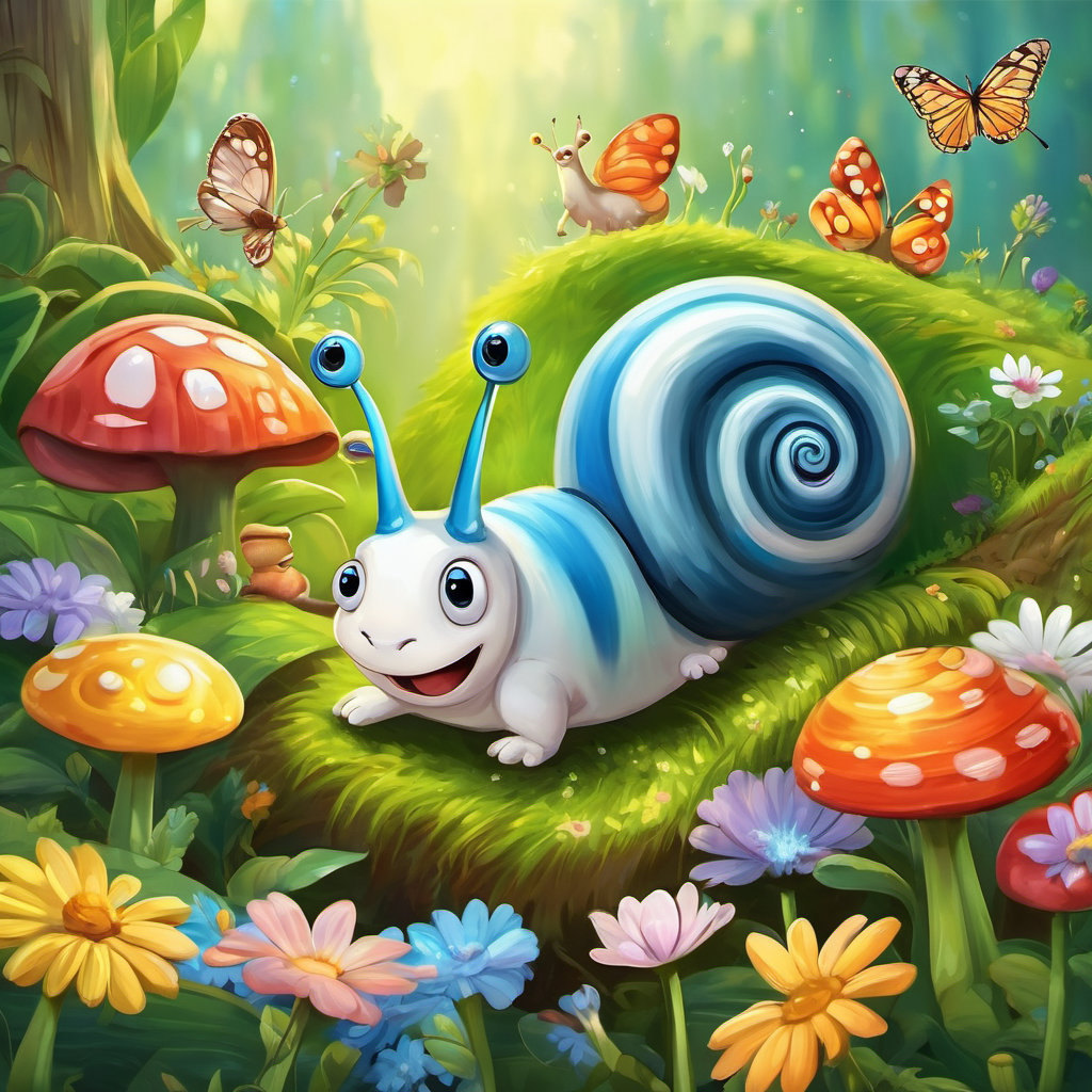 Sammy is a snail with a shiny shell and a big smile is surrounded by other happy animals, including a caterpillar and a flower.