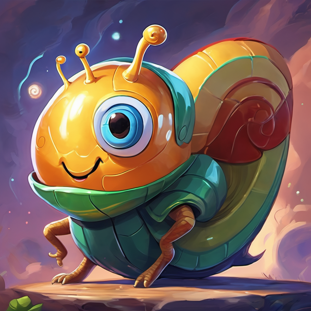 Sammy is a snail with a shiny shell and a big smile is wearing a superhero cape and has a big smile on his face.